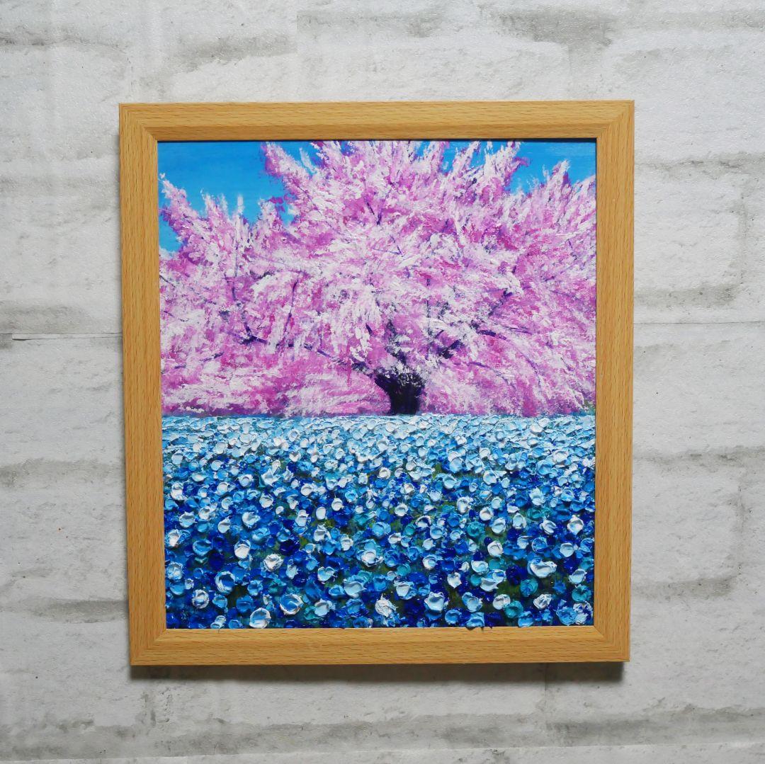 油絵 油彩 油彩画 絵 絵画【桜とネモフィラ】 - メルカリ
