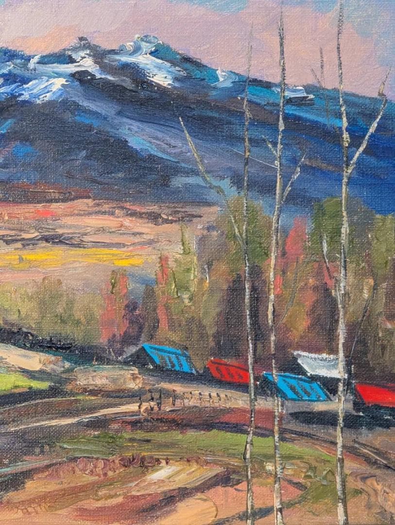 【真作】絵画　牧戸耐二　油彩4号　八ヶ岳の春　農村の四季　日本の山里　Y146