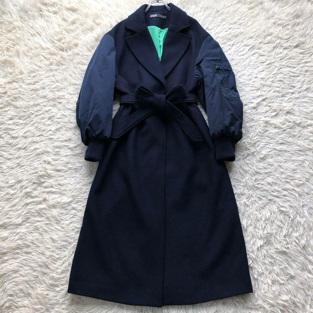 【極美品 22AW】ザラ　マッチングボンバーコート　紺　毛　マキシ丈　袖切替　L