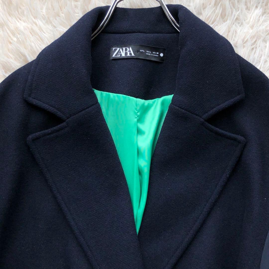 【極美品 22AW】ザラ　マッチングボンバーコート　紺　毛　マキシ丈　袖切替　L