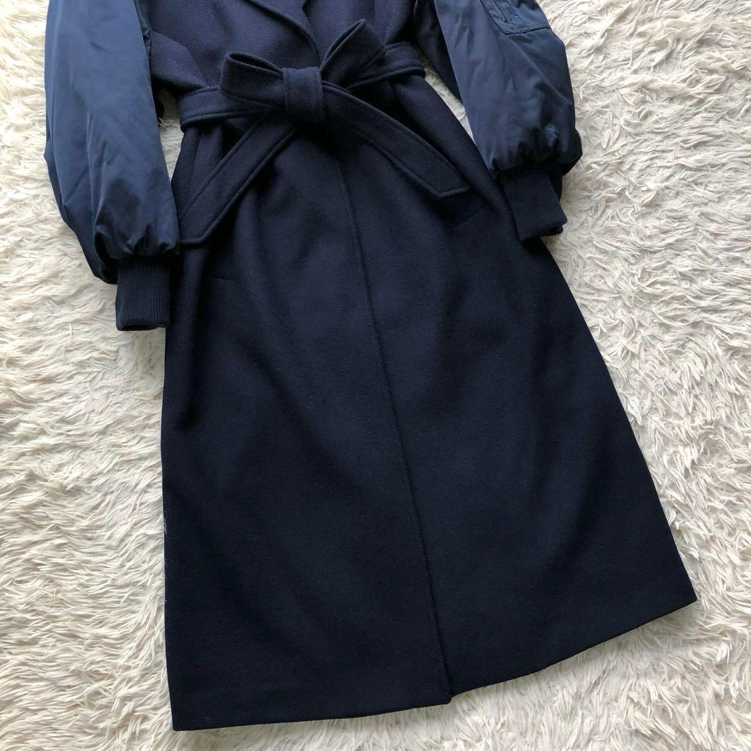 【極美品 22AW】ザラ　マッチングボンバーコート　紺　毛　マキシ丈　袖切替　L