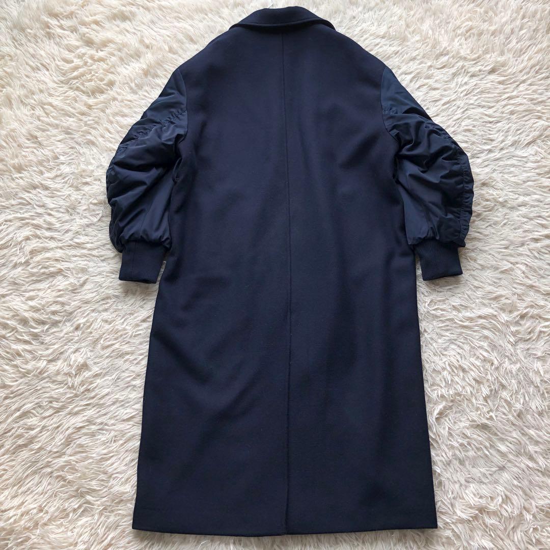【極美品 22AW】ザラ　マッチングボンバーコート　紺　毛　マキシ丈　袖切替　L