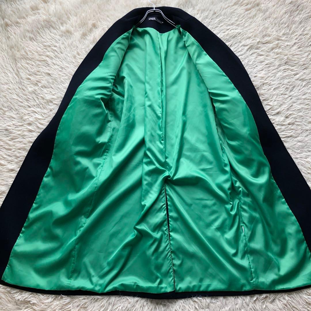 【極美品 22AW】ザラ　マッチングボンバーコート　紺　毛　マキシ丈　袖切替　L