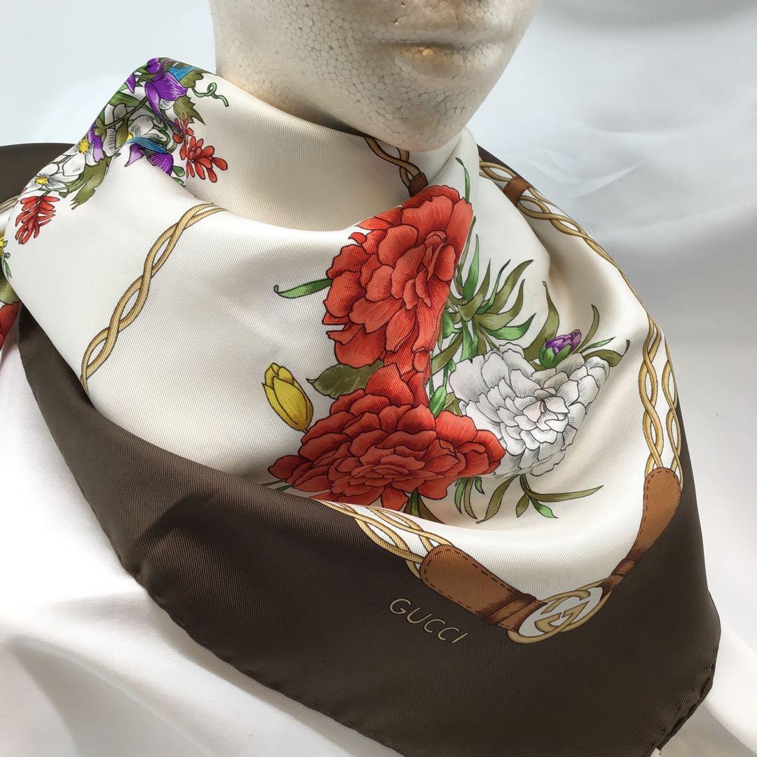 グッチ GUCCI フローラ シルク スカーフ オールドグッチ ビンテージ 茶