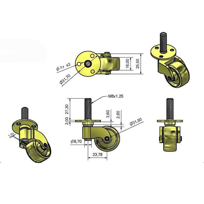 4個セット　ブラス（真鍮)キャスター 1-1/4” マシンスクリュー（機械ネジ）