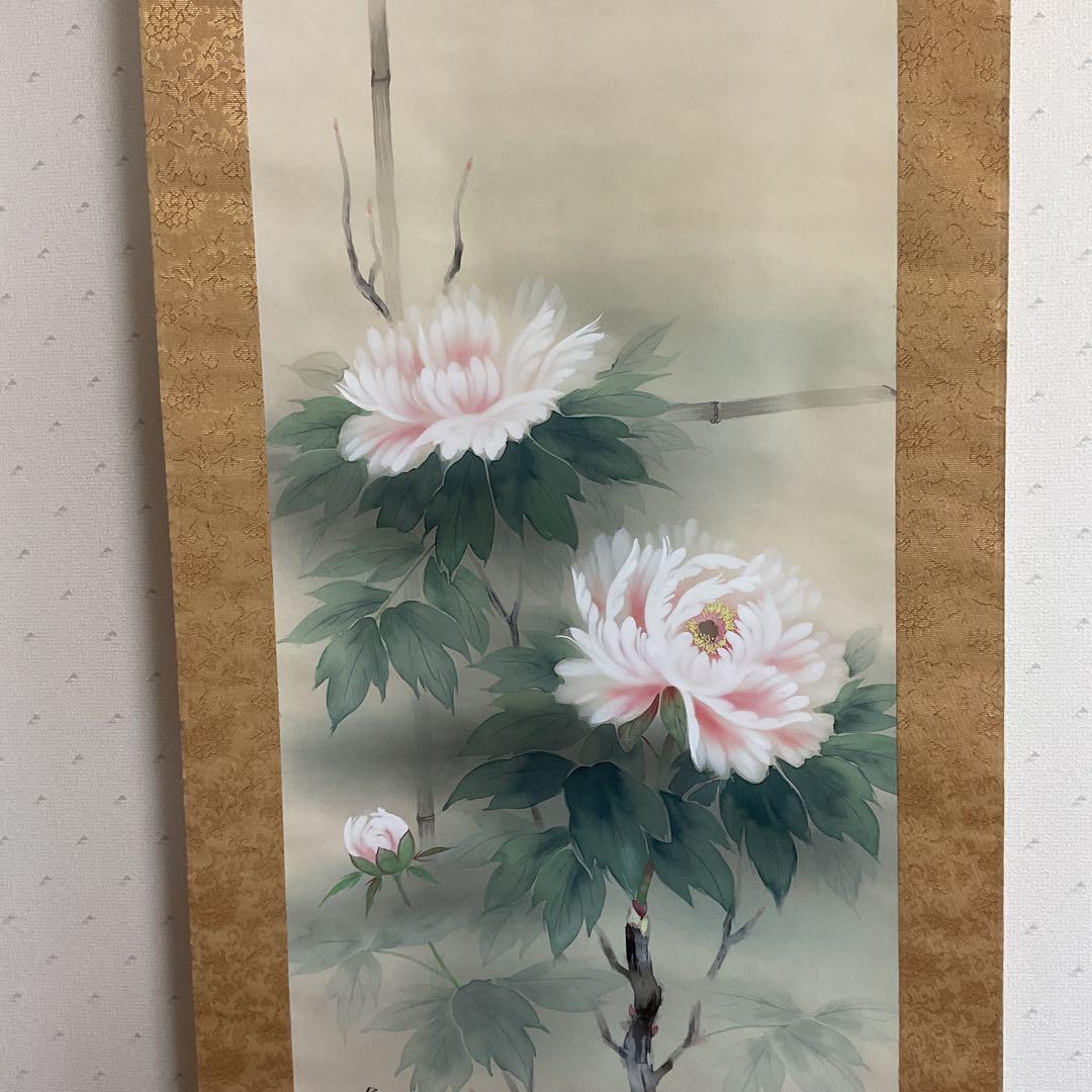 大幹筆 絹本花鳥画 《 ボタン之図 》 彩色画 収納箱在