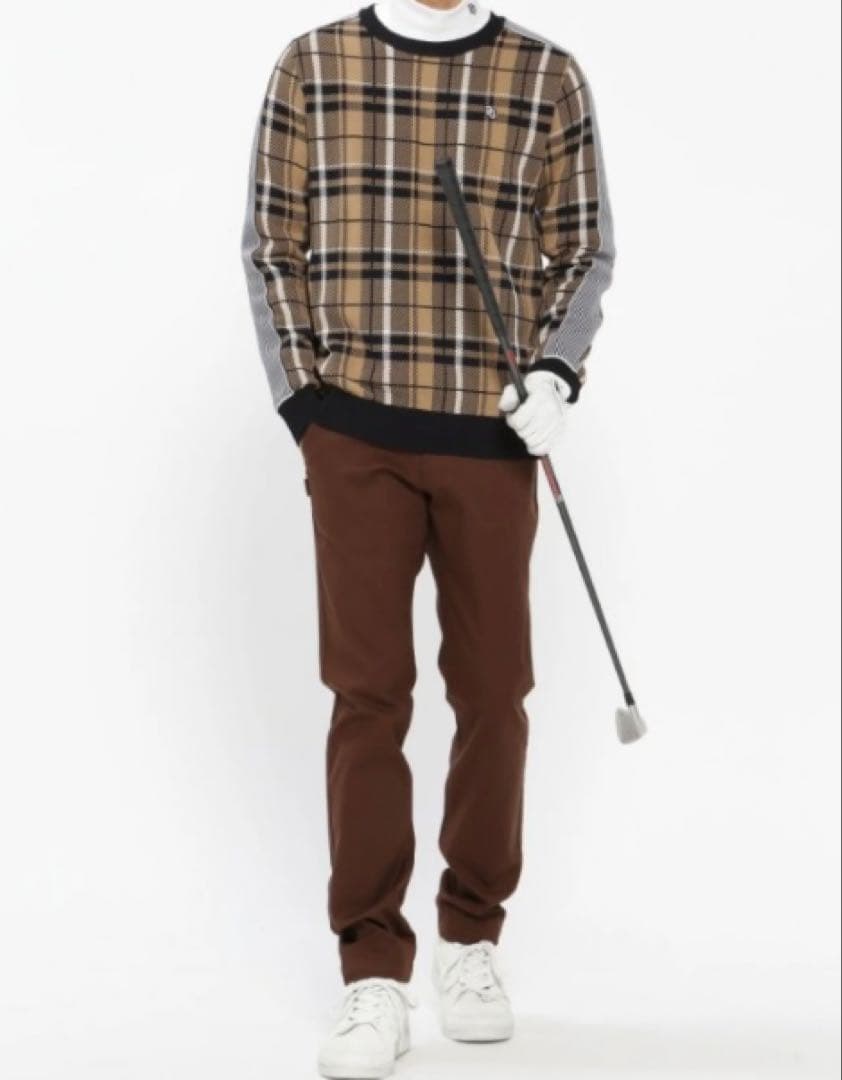 新品 パーリーゲイツ コットンストレッチドビーチェックパンツ(6)サイズLL/茶