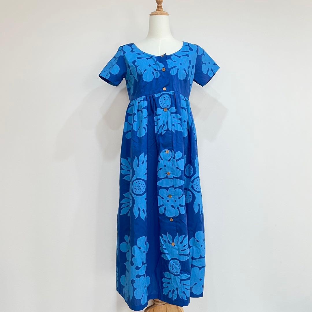 美品ハワイ製生地Mahaloロングワンピース南国モンステラパイナップル青リゾート