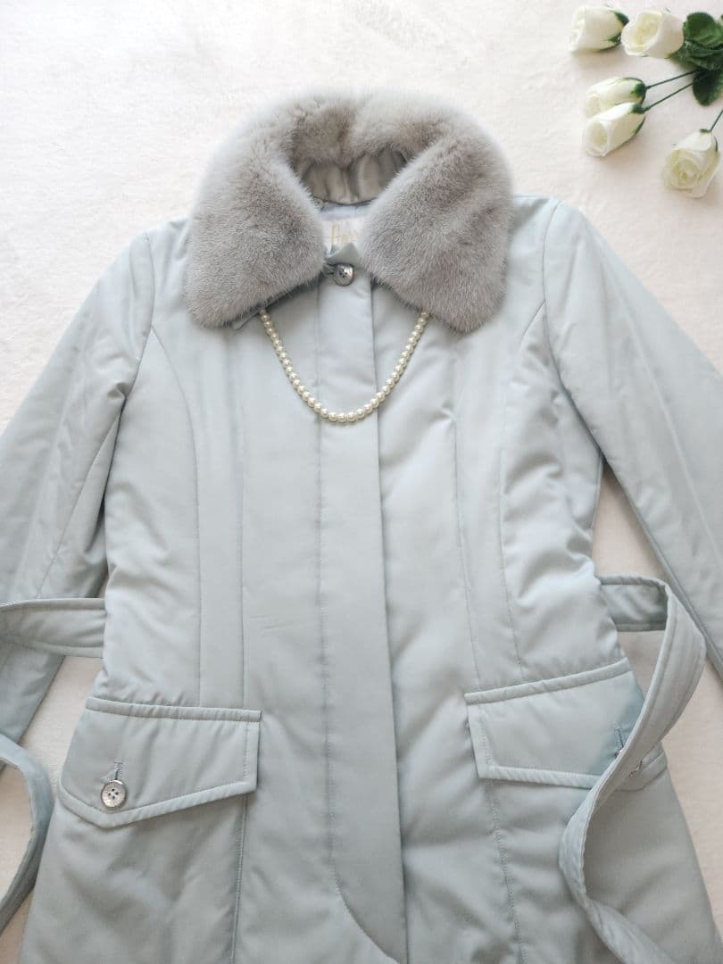 Harrods 美品 英国高級コート ミンクファー着脱可能 中綿 淡いブルー