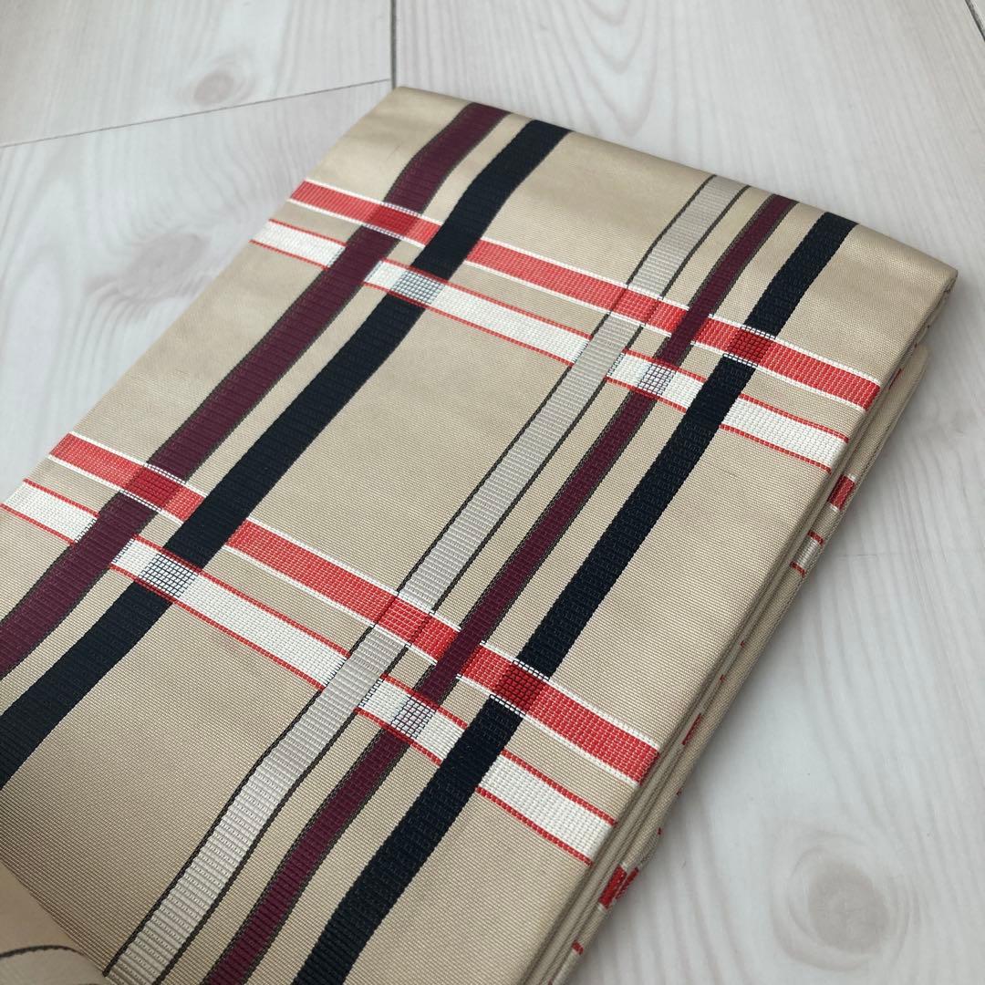 専用　　博多半幅帯　正絹　格子模様　織り出し　淡いベージュ　No.74-00