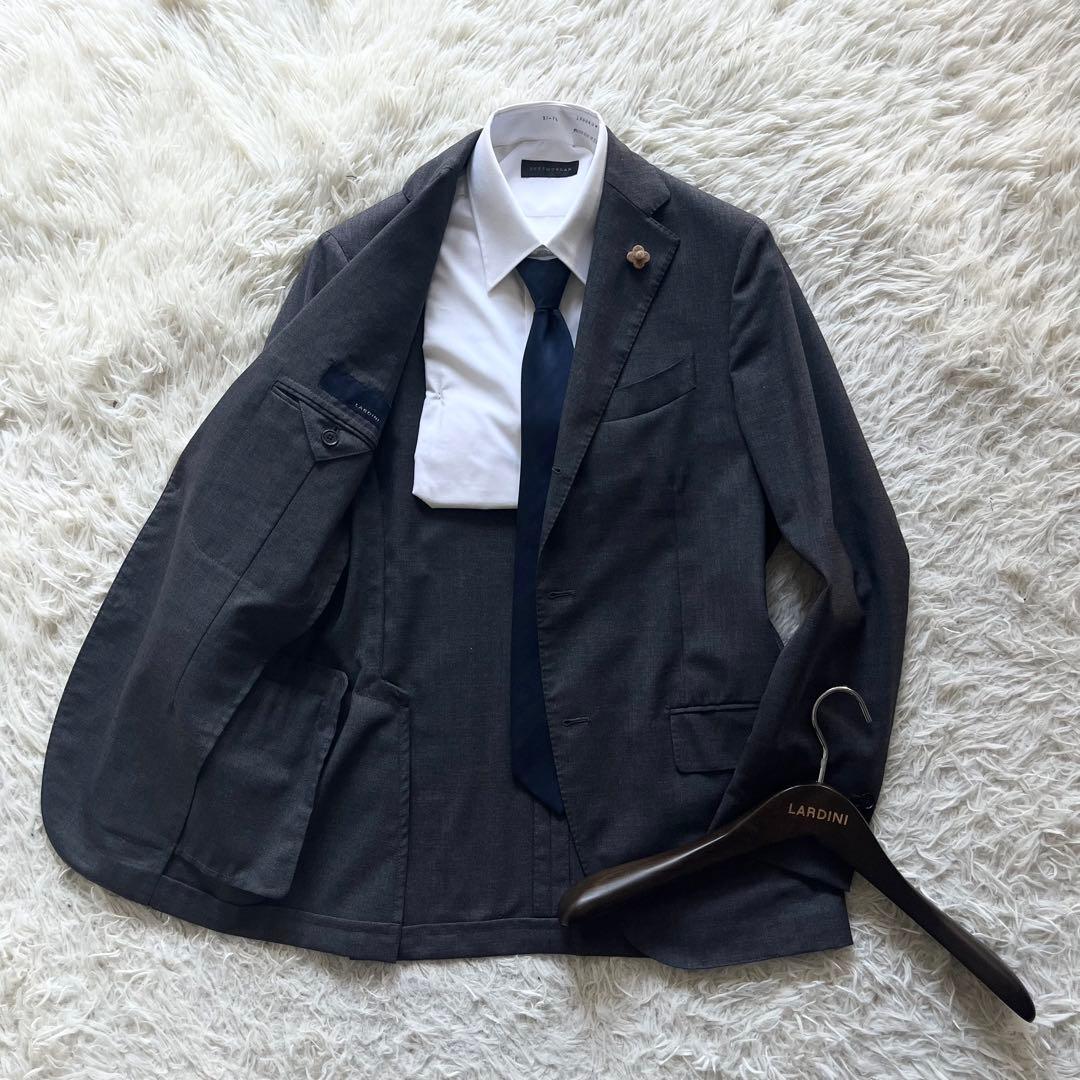 <美品> LARDINI ウール グレー ジャケット ブートニエール サイズ46