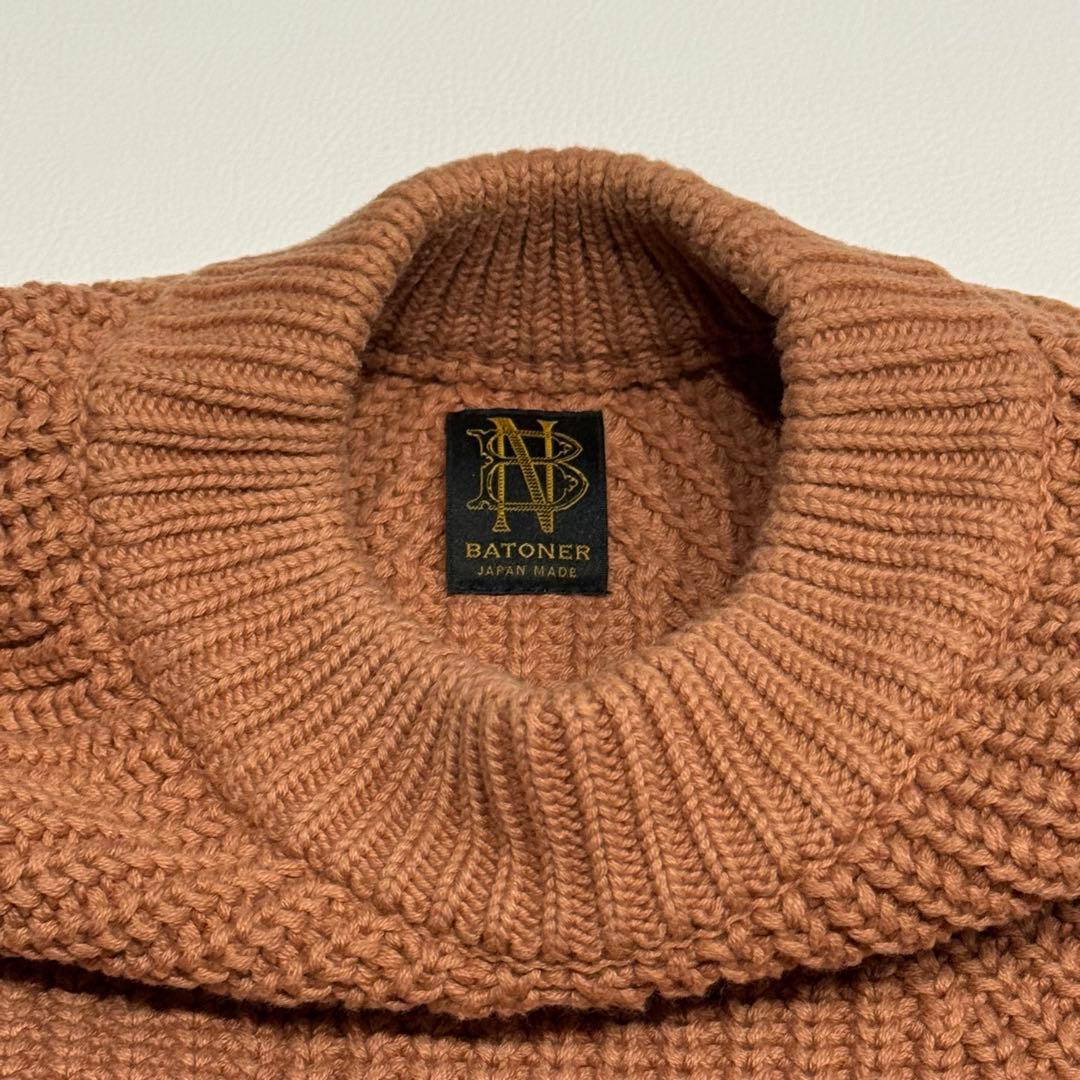 美品 バトナー BATONER コットン5ゲージ片畦クルーネックニット茶 L