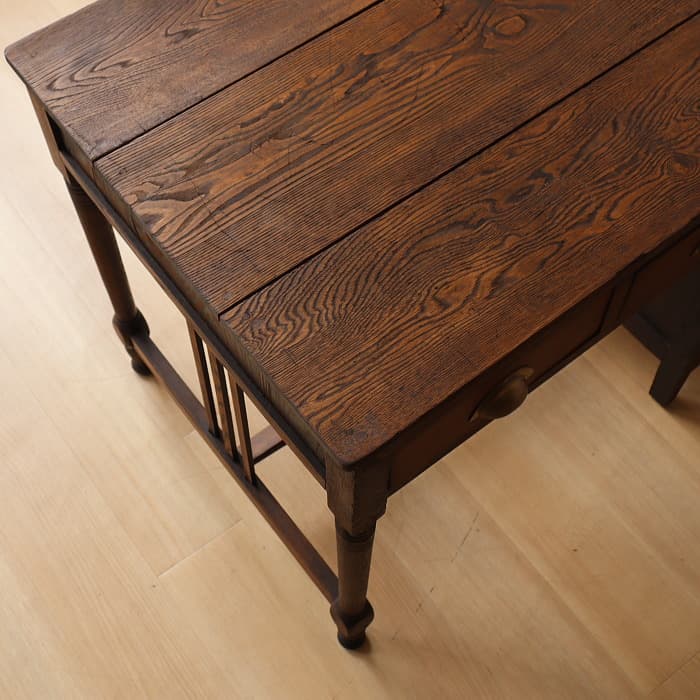 アンティーク ナラ材 ロクロ脚 片袖机 レトロ 真鍮金具 デスク 古家具