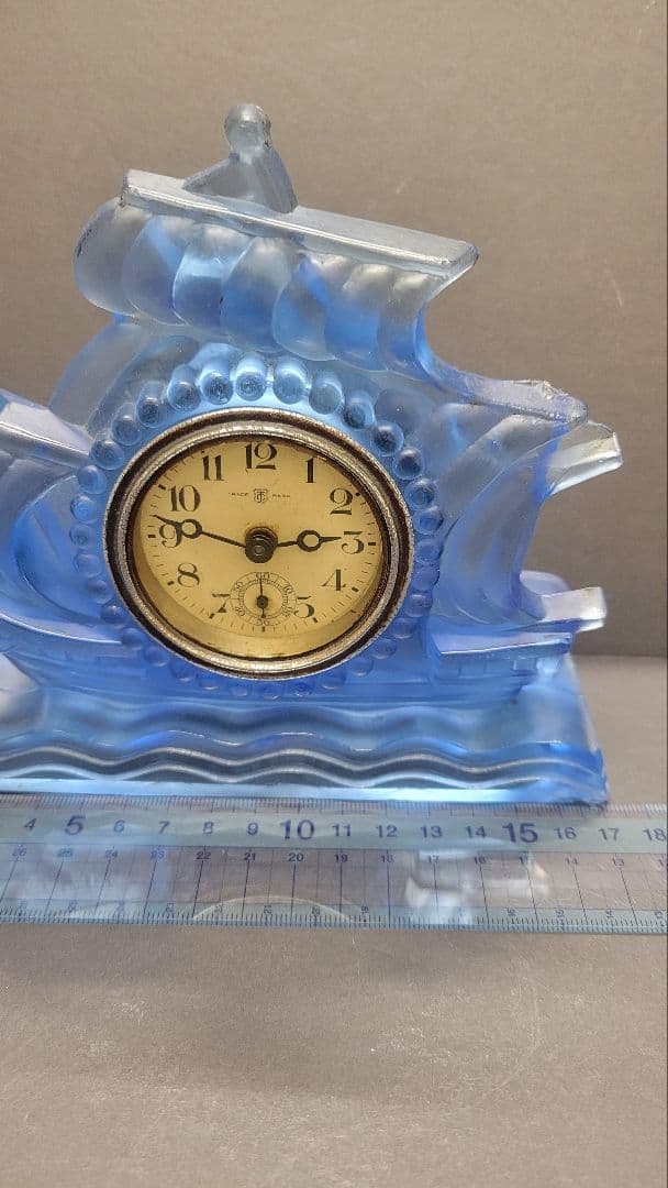 精工舎 硝子ビー 昭和初期 船型青色ガラスヴィンテージ 置時計 アンティーク