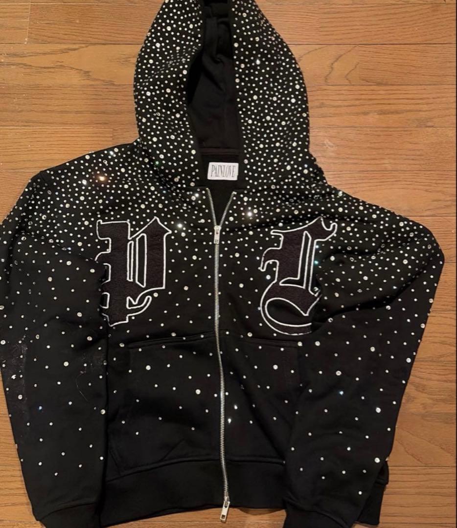 pain love Rhinestone Double Zip Hoodie
