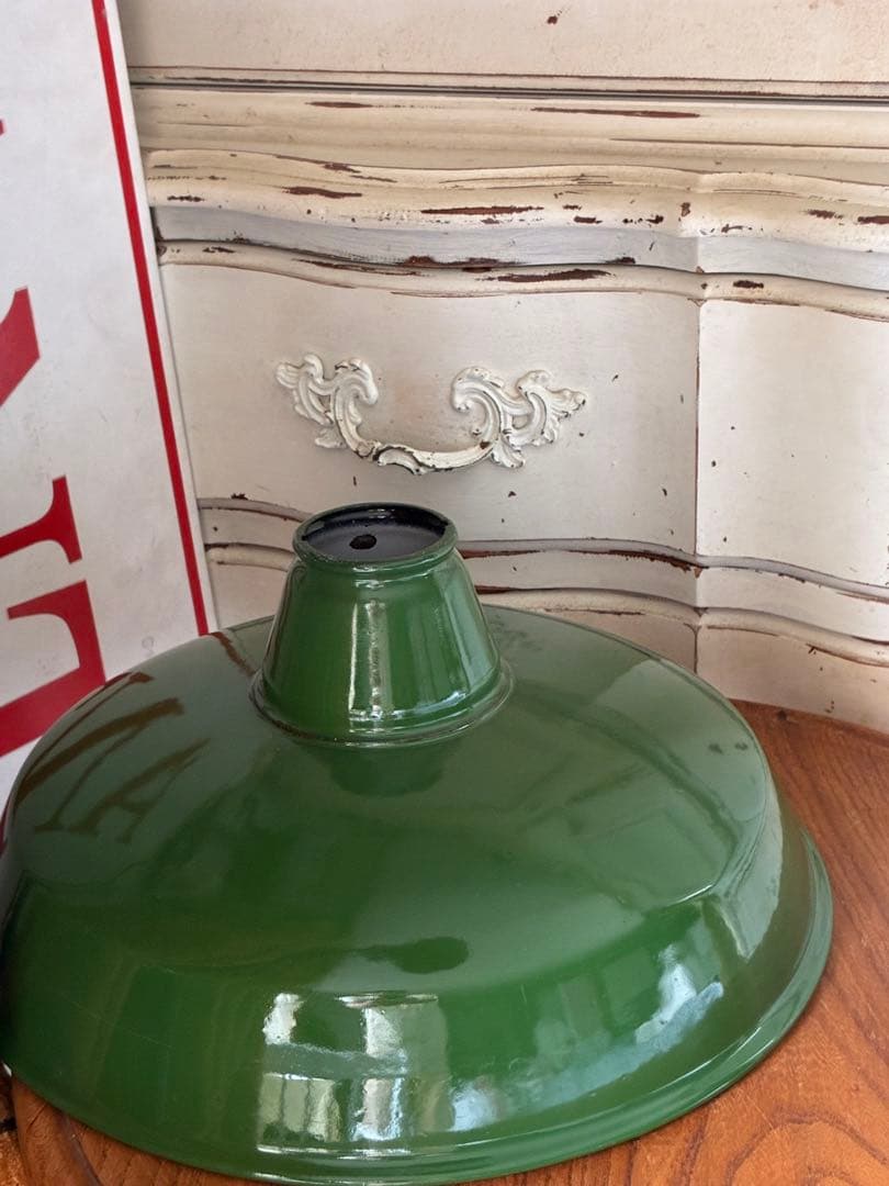青柳アンティーク　ホーロー　ランプ　シェード　グリーン　30センチ　美品