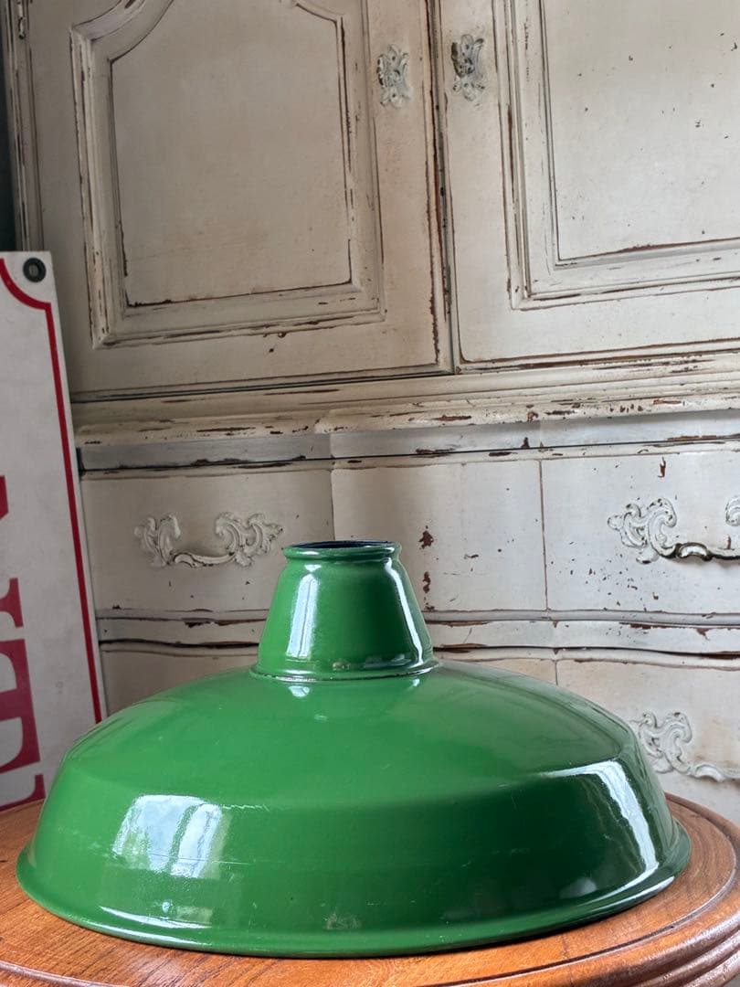 青柳アンティーク　ホーロー　ランプ　シェード　グリーン　30センチ　美品
