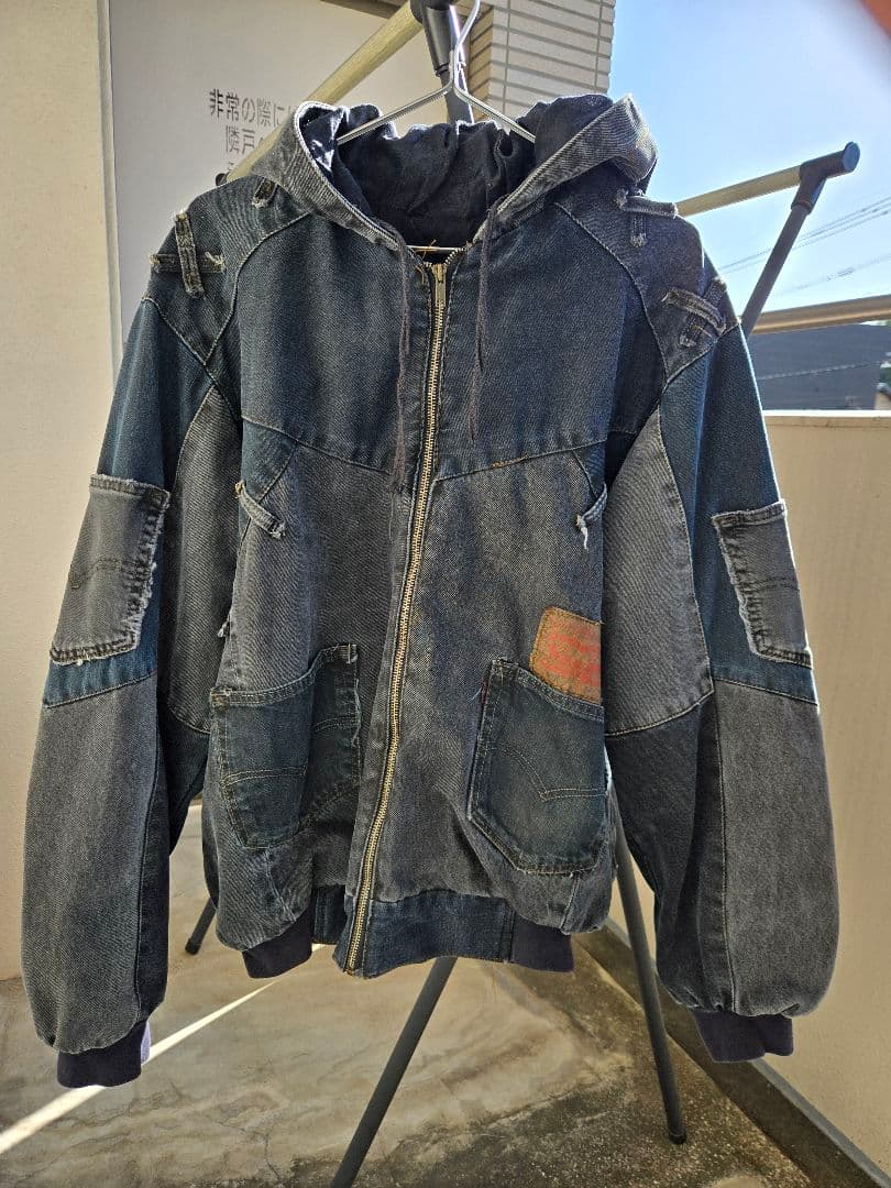リーバイス リメイクジャケット パーカー フーディ短丈 古着 多ポケット黒
