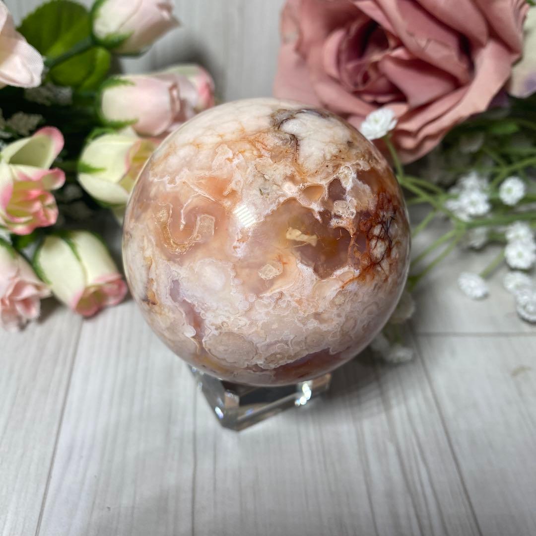 桜瑪瑙 カーネリアン 共生 スフィア フラワーアゲート 置物 64.6mm