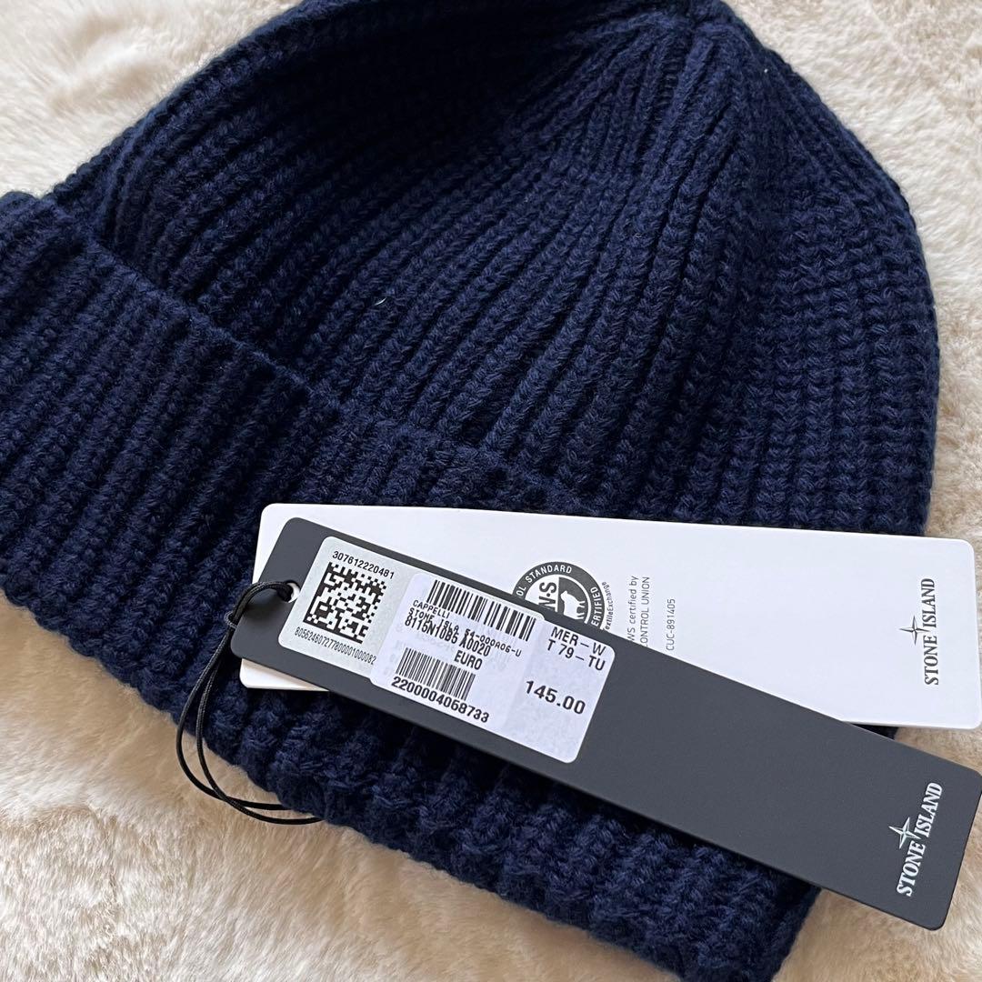 男女兼用◇STONE ISLAND ウール ロゴ ビーニー ニット帽 紺