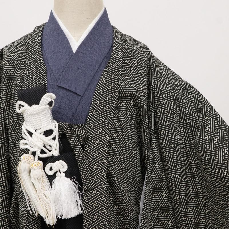 七五三羽織袴着物セット＊男児　3歳～　シンプル 紗綾 黒 灰青 化繊 9RH15