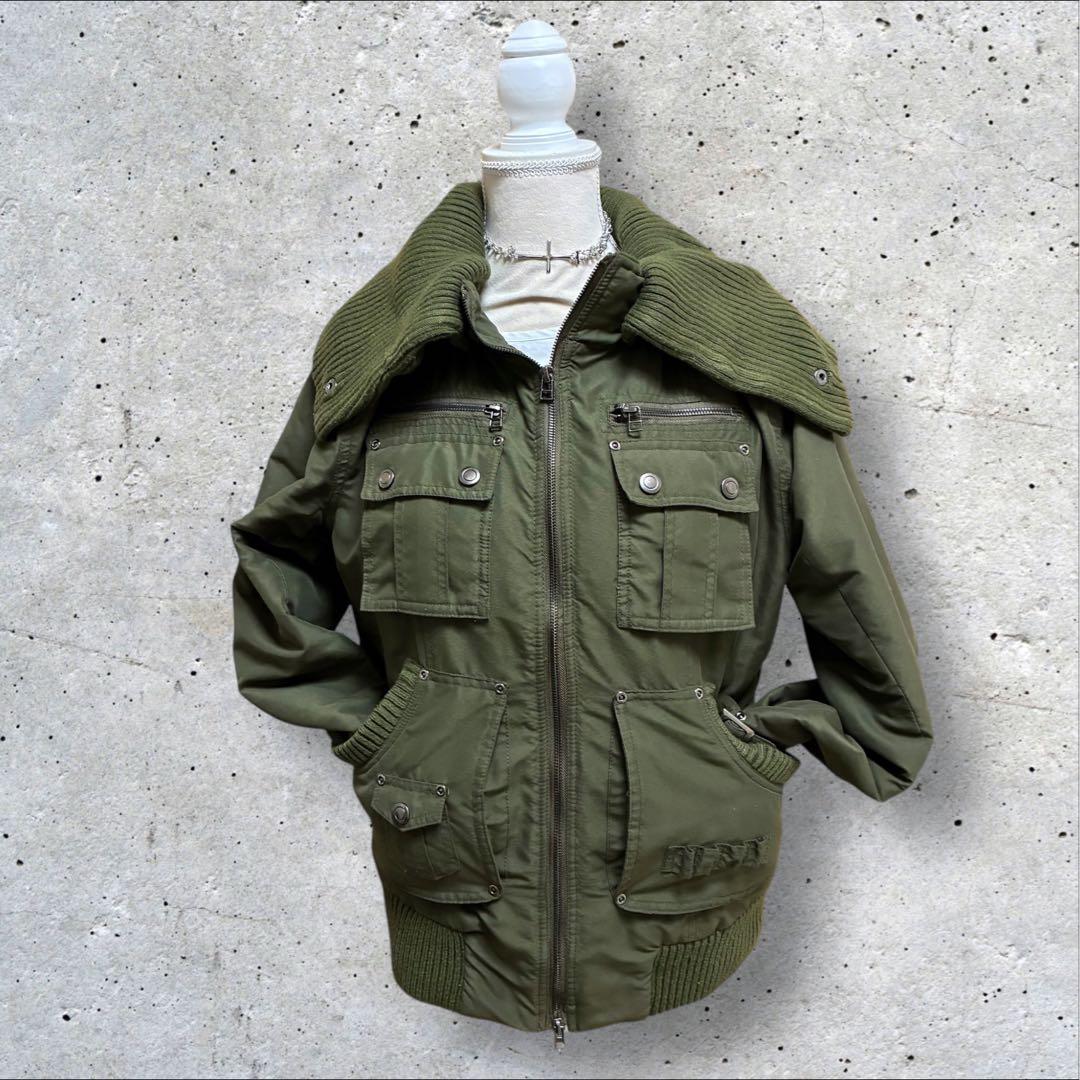 y2k 00s 平成 ギミック ミリタリージャケット リブ ブルゾン カーキ L