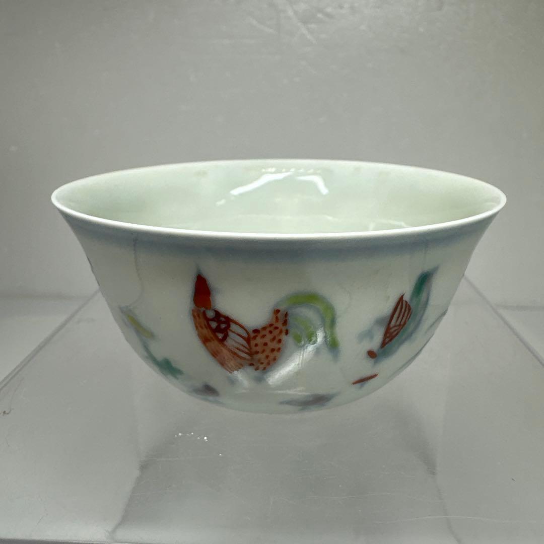 中国古玩 大明成化年製 豆彩チキンカップ 口径8.2㎝ 東さ