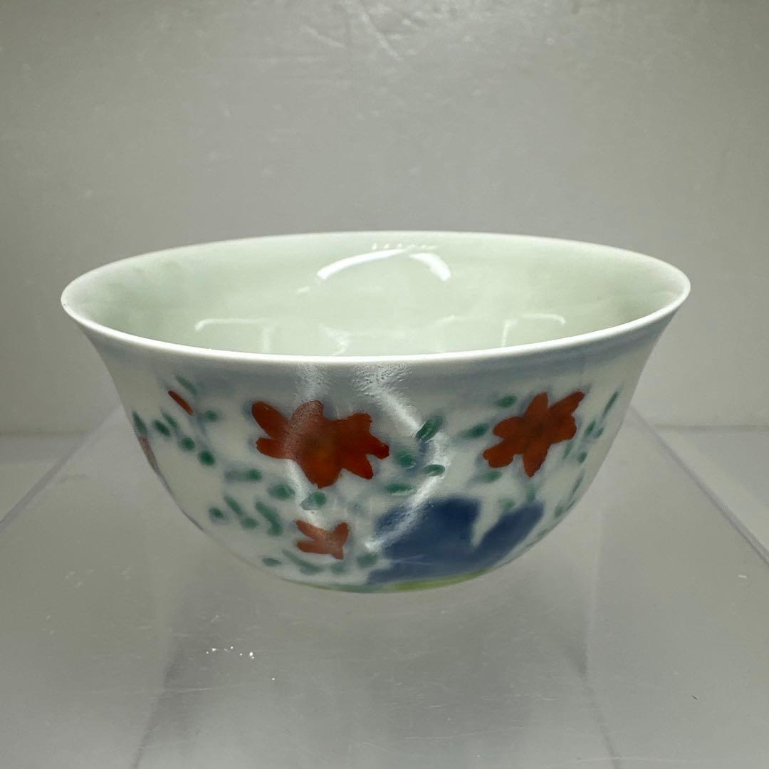 中国古玩 大明成化年製 豆彩チキンカップ 口径8.2㎝ 東さ