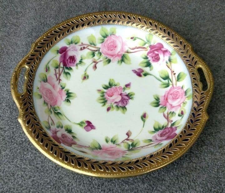 オールドノリタケ コバルト 金彩点盛り薔薇絵皿」