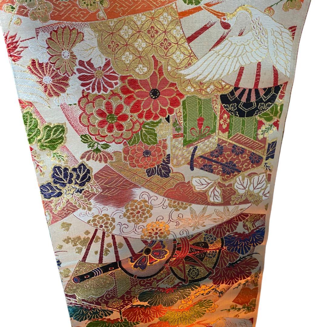 未使用 西陣織 ヴィンテージ 古布 反物 帯や着物にも 鶴、金系 正絹