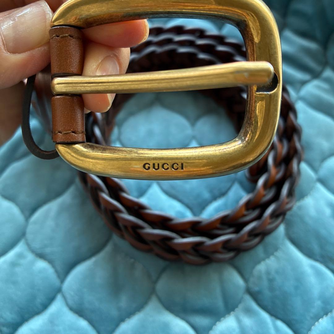 GUCCI ブラウン 編み込みベルト ゴールドバックル
