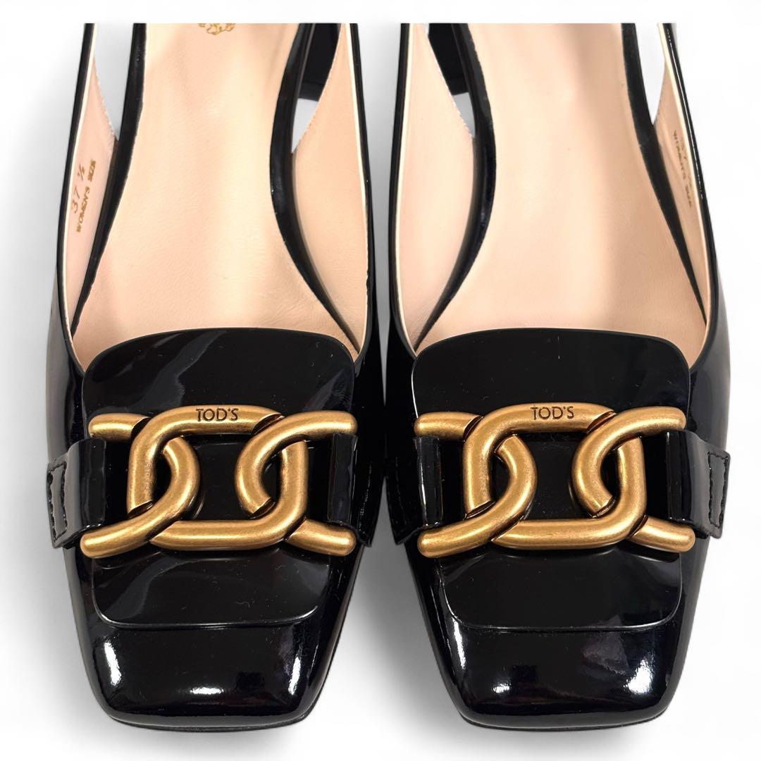 美品 トッズ 37 1/2 24.5 ケイト エナメル ミュール ブラック 黒