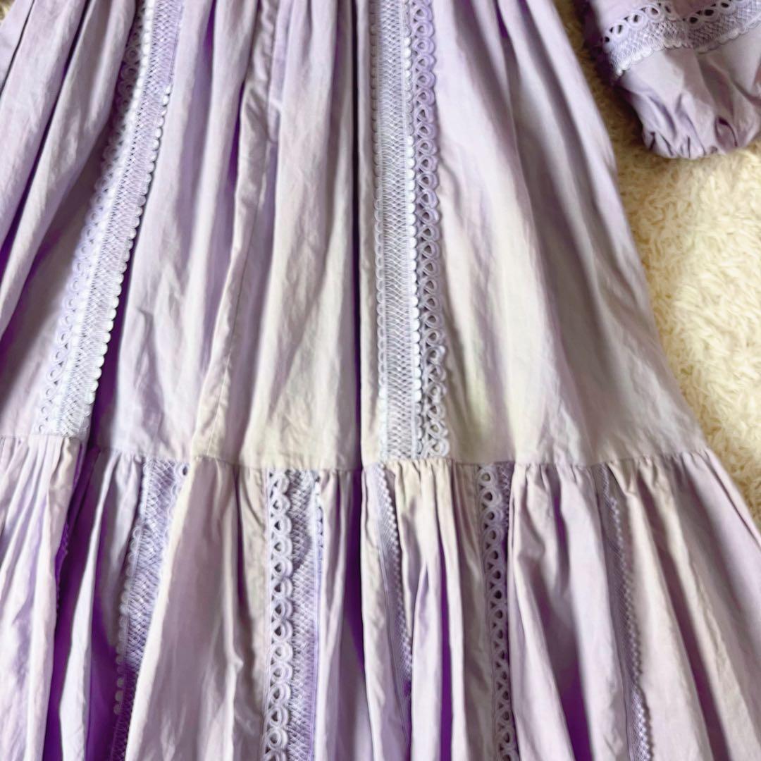 エステラケー ロング ワンピース ティアード 刺繍 ベルト フレア ラベンダー