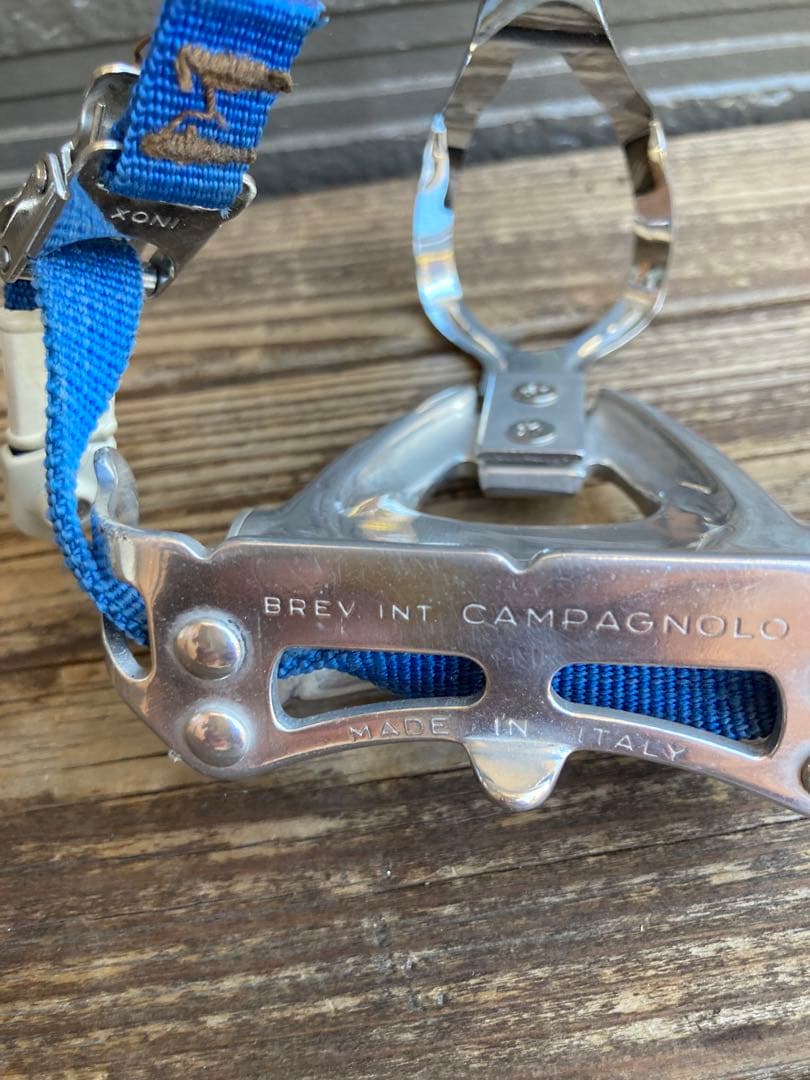 自転車用カンパニョーロビンテージペダル シルバー 青 ストラップ付き