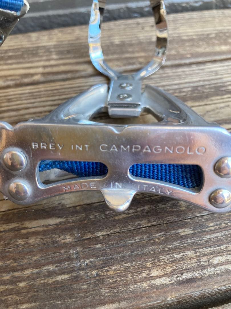 自転車用カンパニョーロビンテージペダル シルバー 青 ストラップ付き