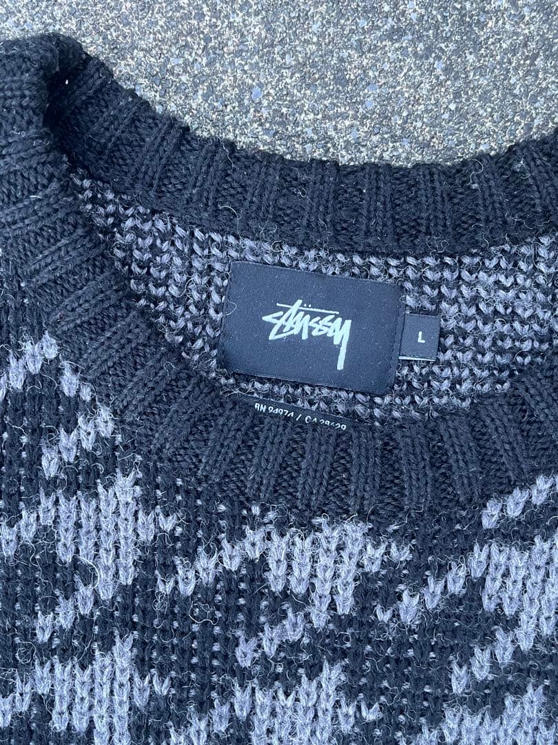 stussy 総柄 ハウンドトゥース ウール バーズアイニット モーガン　L