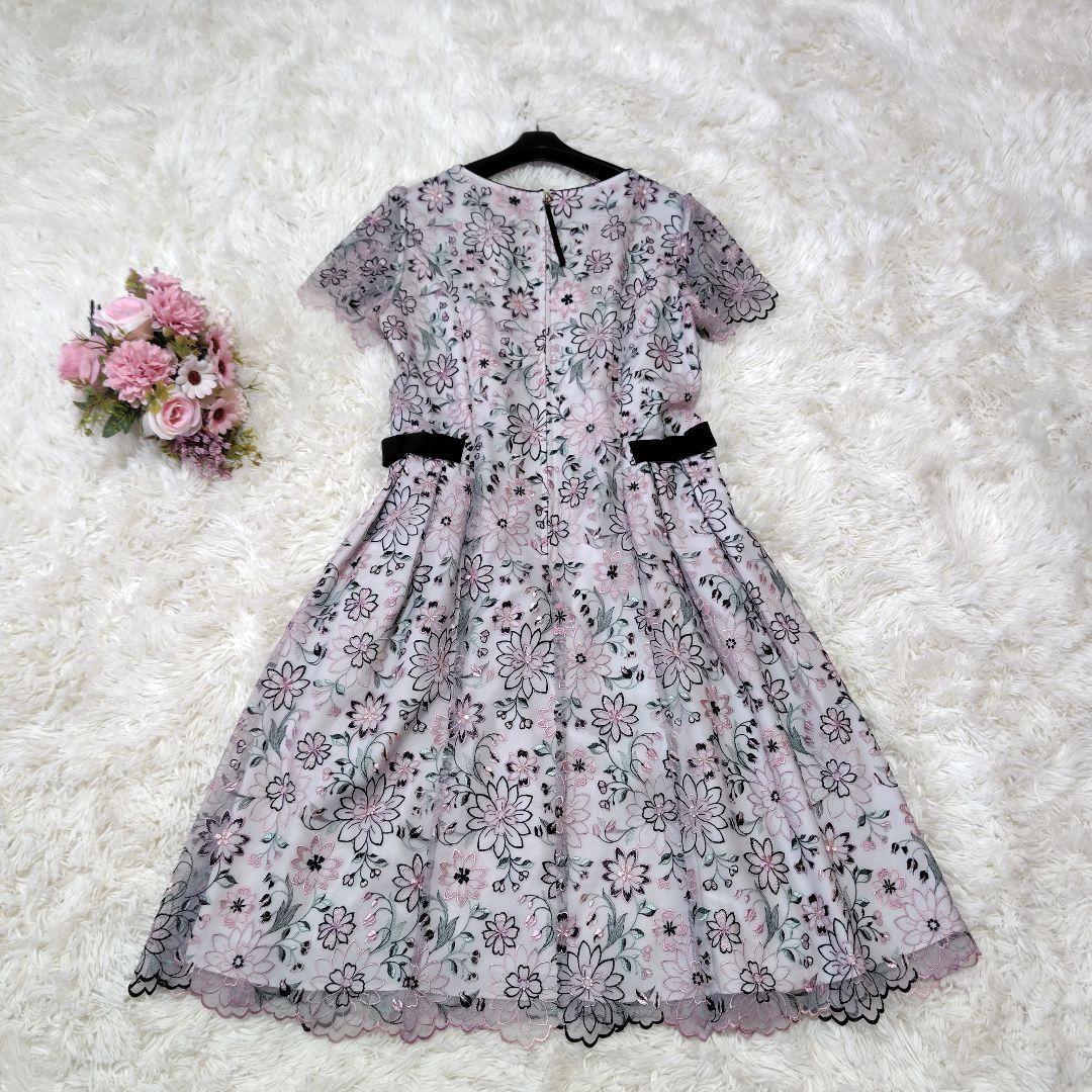 【極美品♡希少42】ローズティアラジュエル　高級フラワーチュール刺繍ワンピース