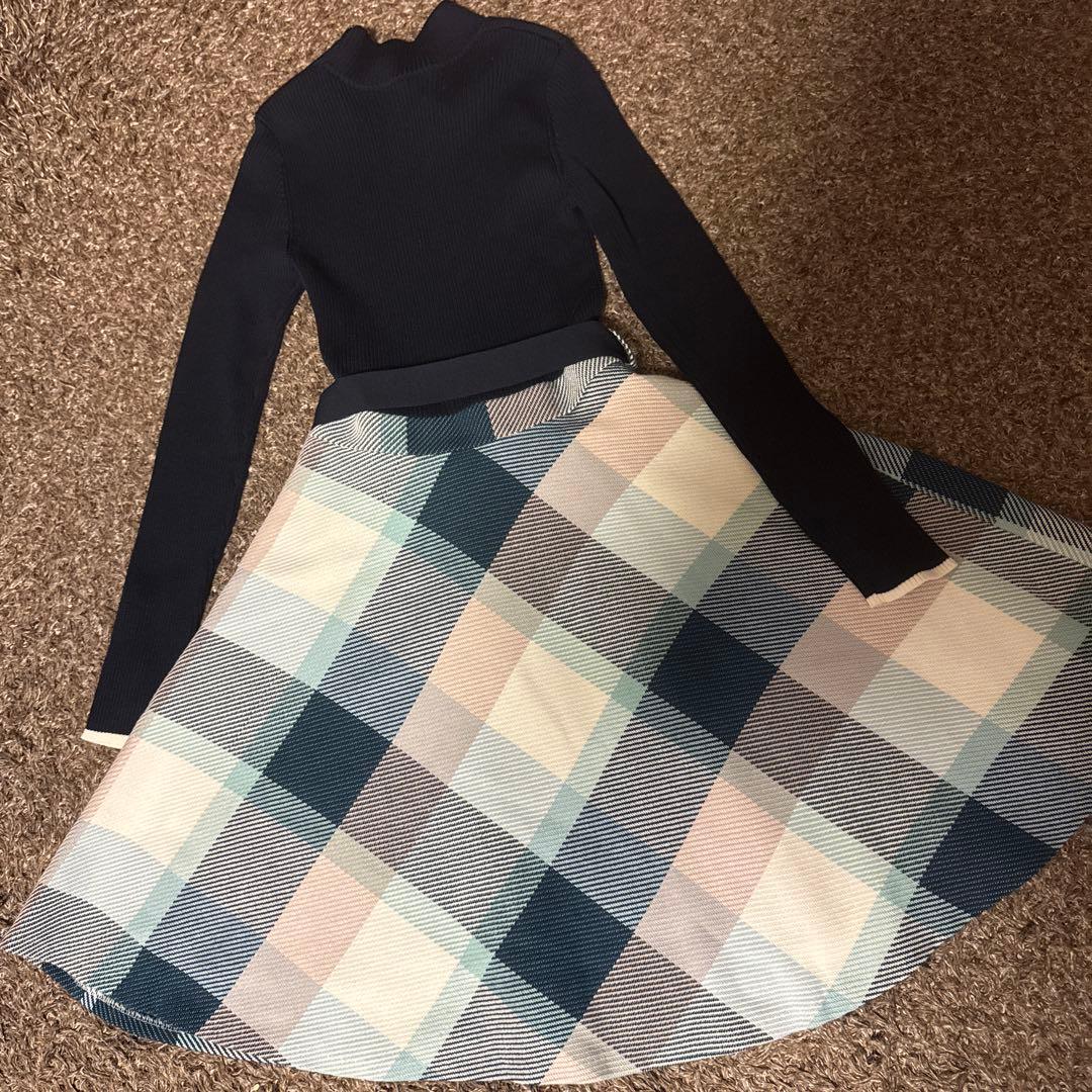 【美品】ブルーレーベルクレストブリッジ　ドッキングチェックワンピース　リボン