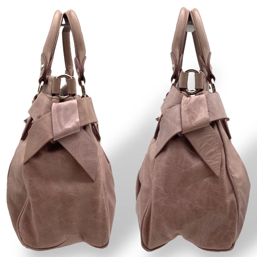 良品 ミュウミュウ ハンドバッグ 2way サイドリボン レザー ピンク