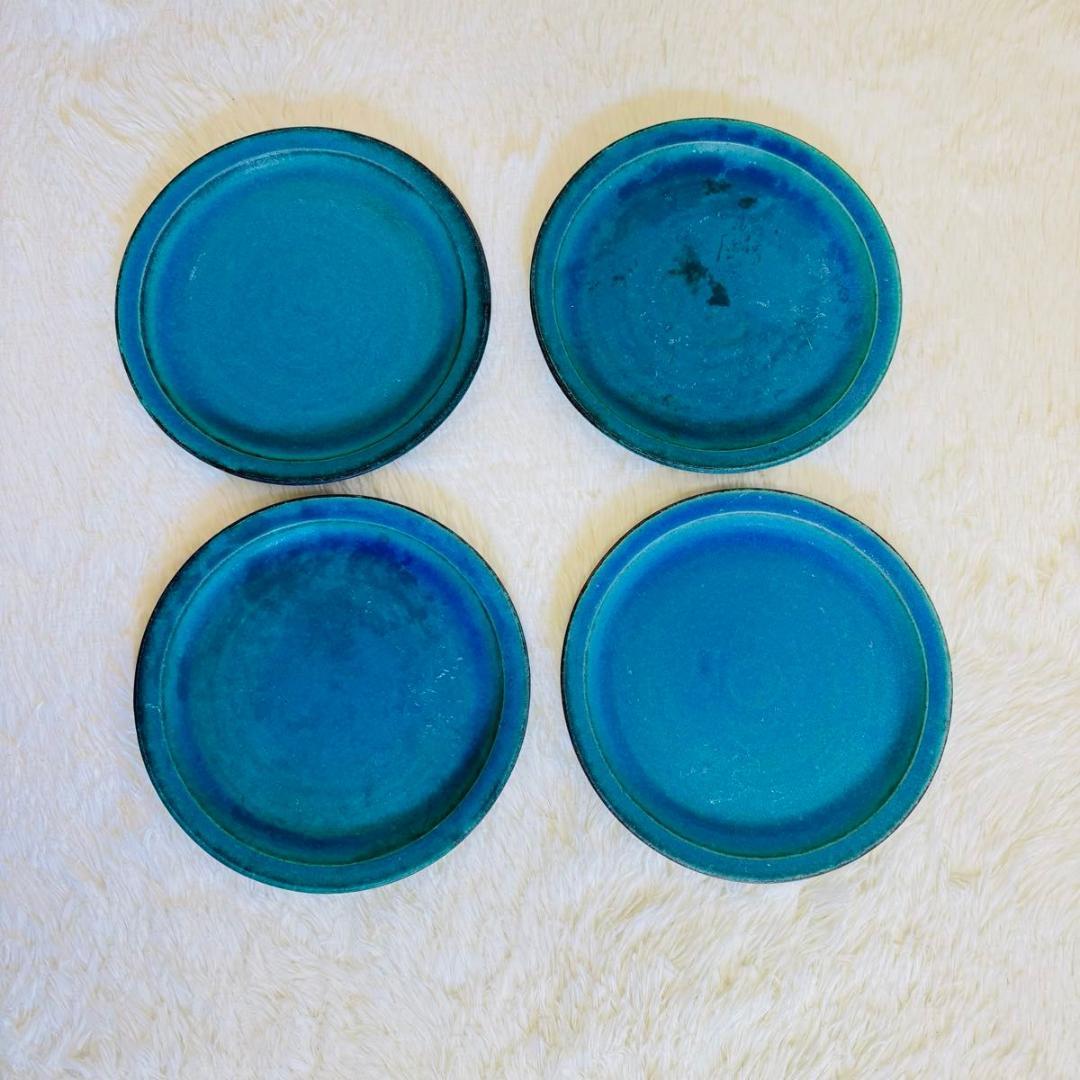 青い陶器プレート 4枚セット 未使用 食器 約23.8cm トルコブルー