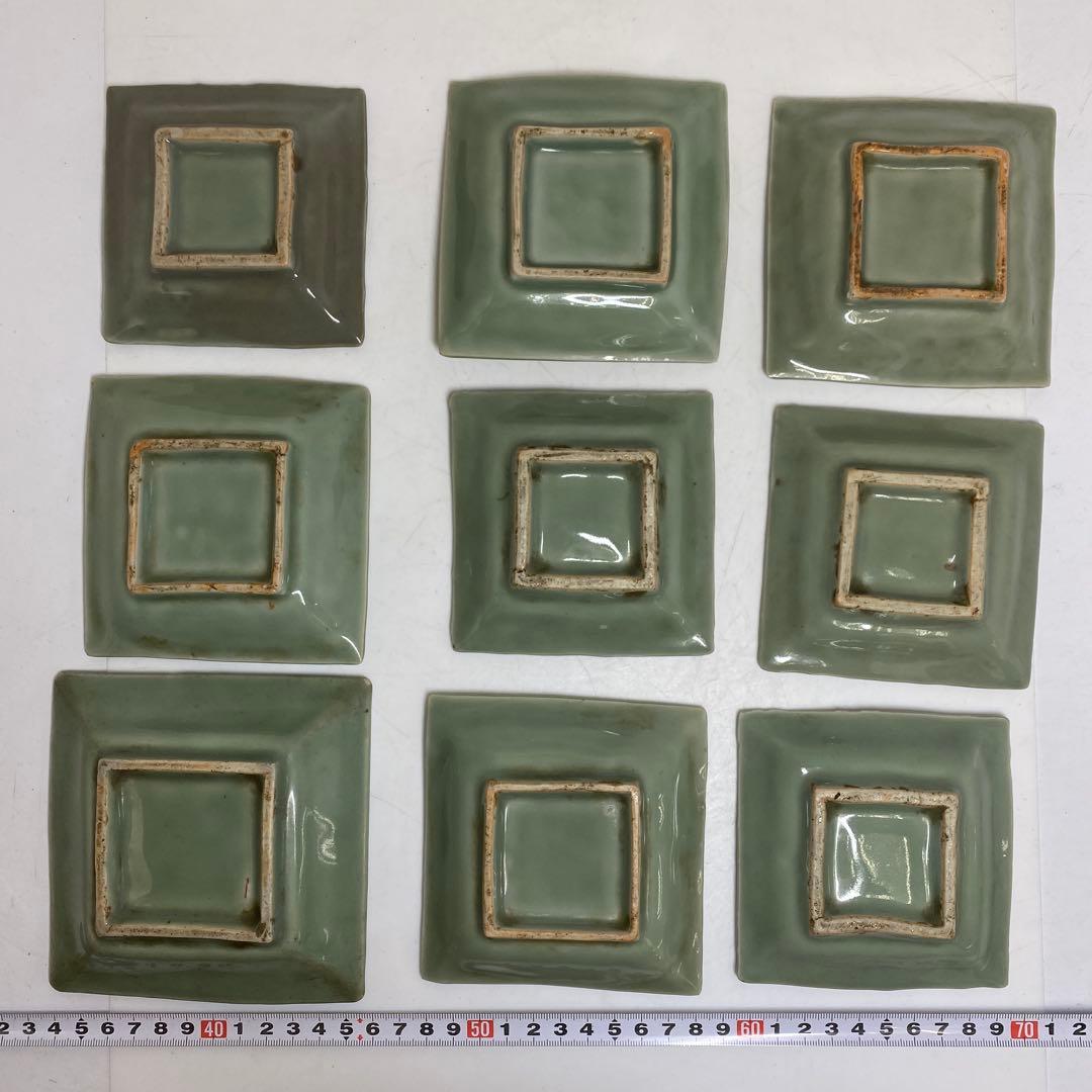 江戸後期 三田青磁唐文 角皿 9枚 東キ8-0123☆2F