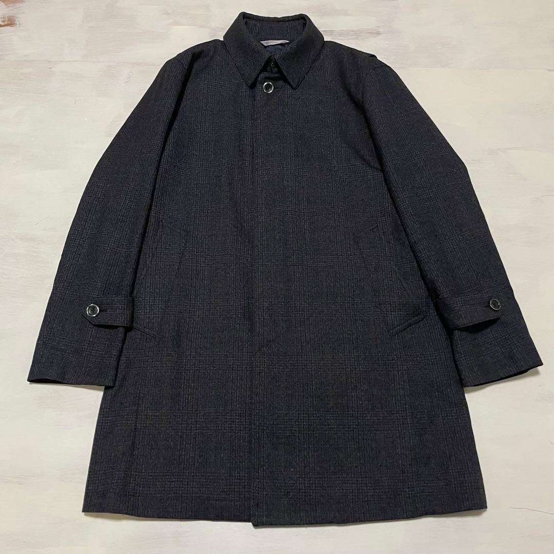 高級ウール　HILTON 比翼　ステンカラーコート L ブラック系