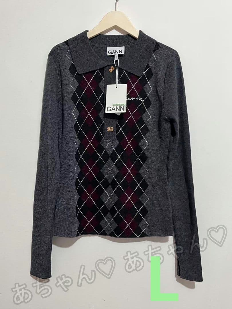 GANNI アーガイル柄 長袖ポロシャツ