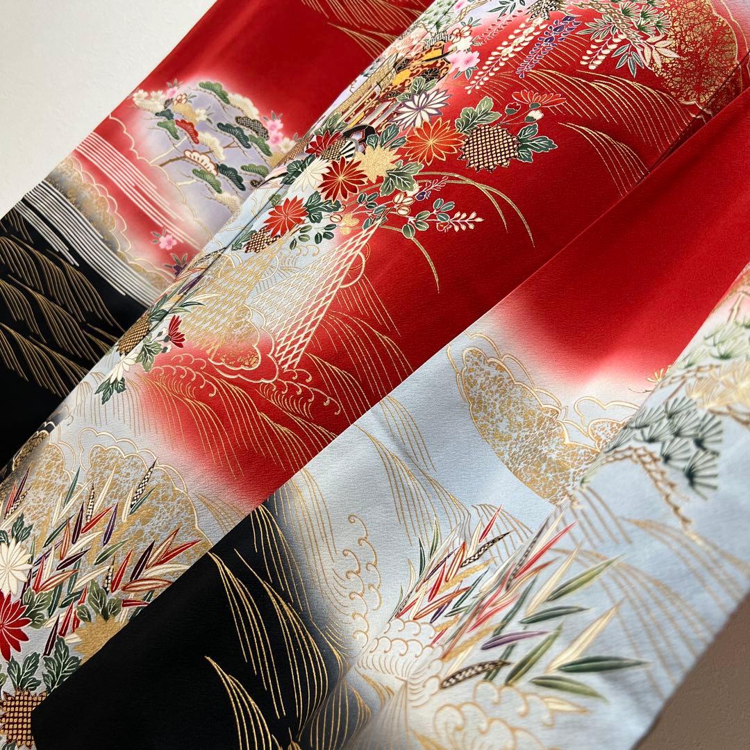 367 振袖フルセット 正絹 赤 レッド 黒 金彩 暈し染め 古典 風景 正統派