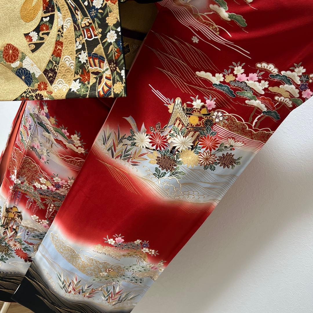 367 振袖フルセット 正絹 赤 レッド 黒 金彩 暈し染め 古典 風景 正統派