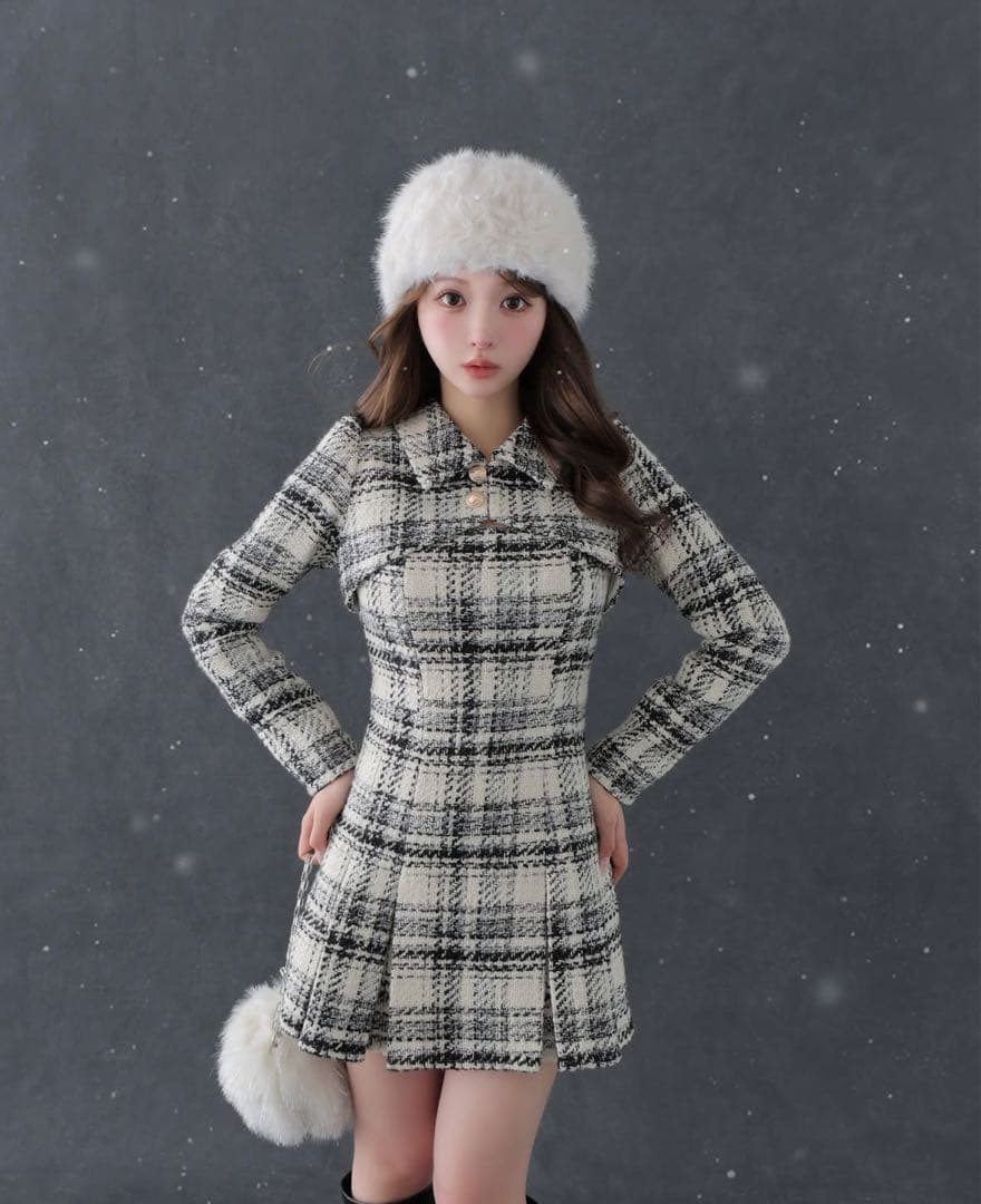 M me eme フェイクレイヤードロービングチェックミニワンピース