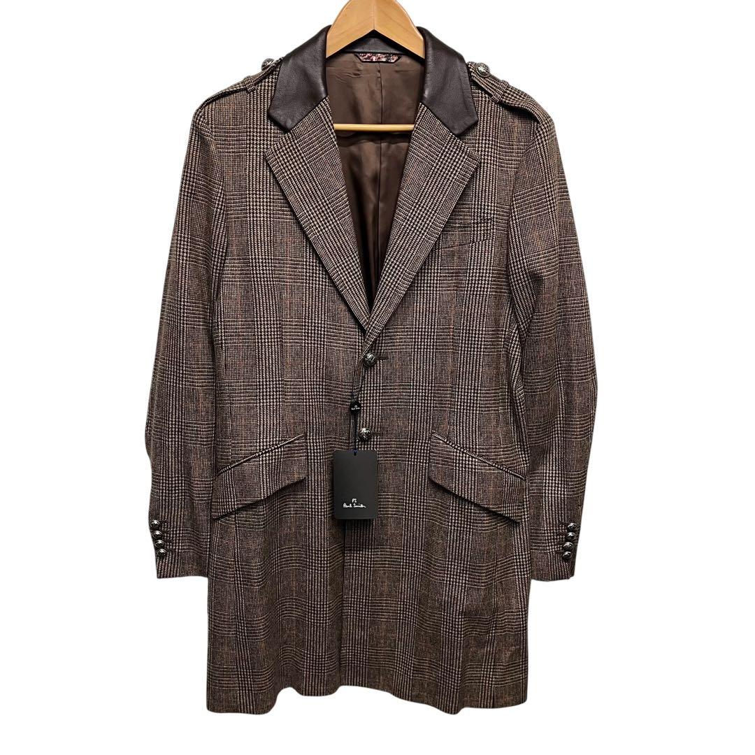 新品 Paul Smith チェスターコート 千鳥柄 牛革 銀ボタン M レザー