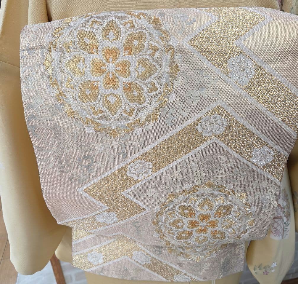 トールサイズ訪問着4点フルセット、着物、袋帯、帯締め、帯揚げ