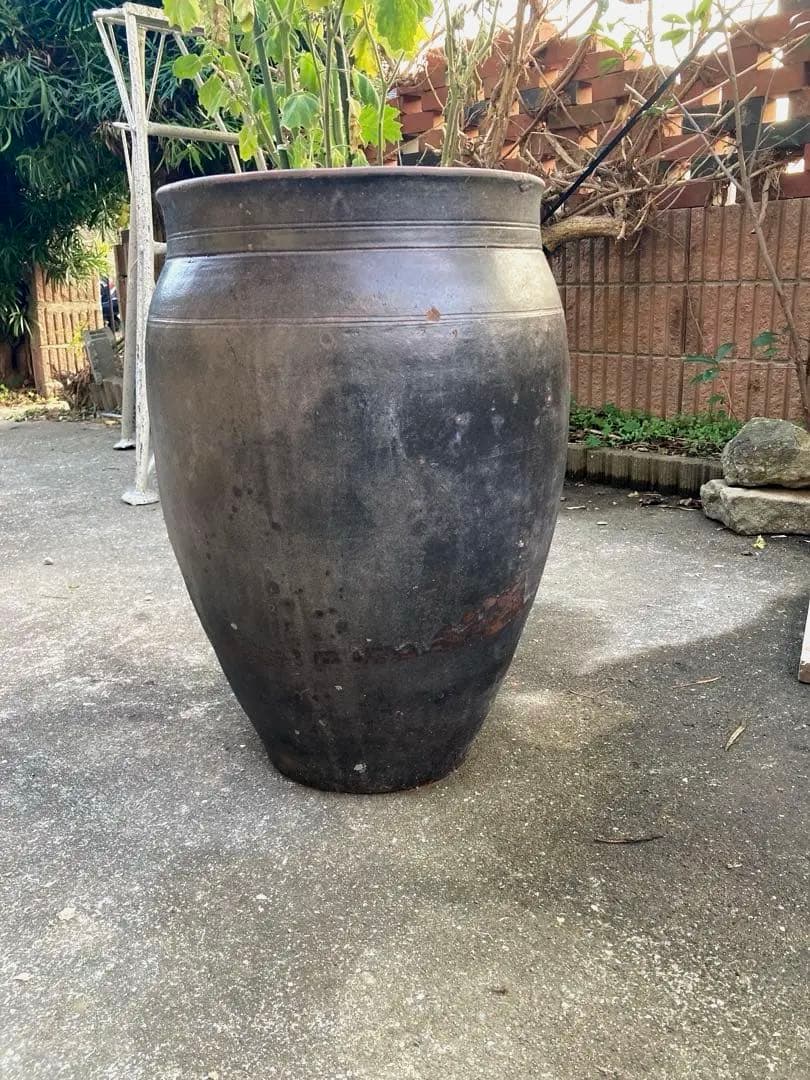 【存在感抜群】特大 古い甕 貯蔵壺 古民具 時代物 陶器 ブラック61センチ