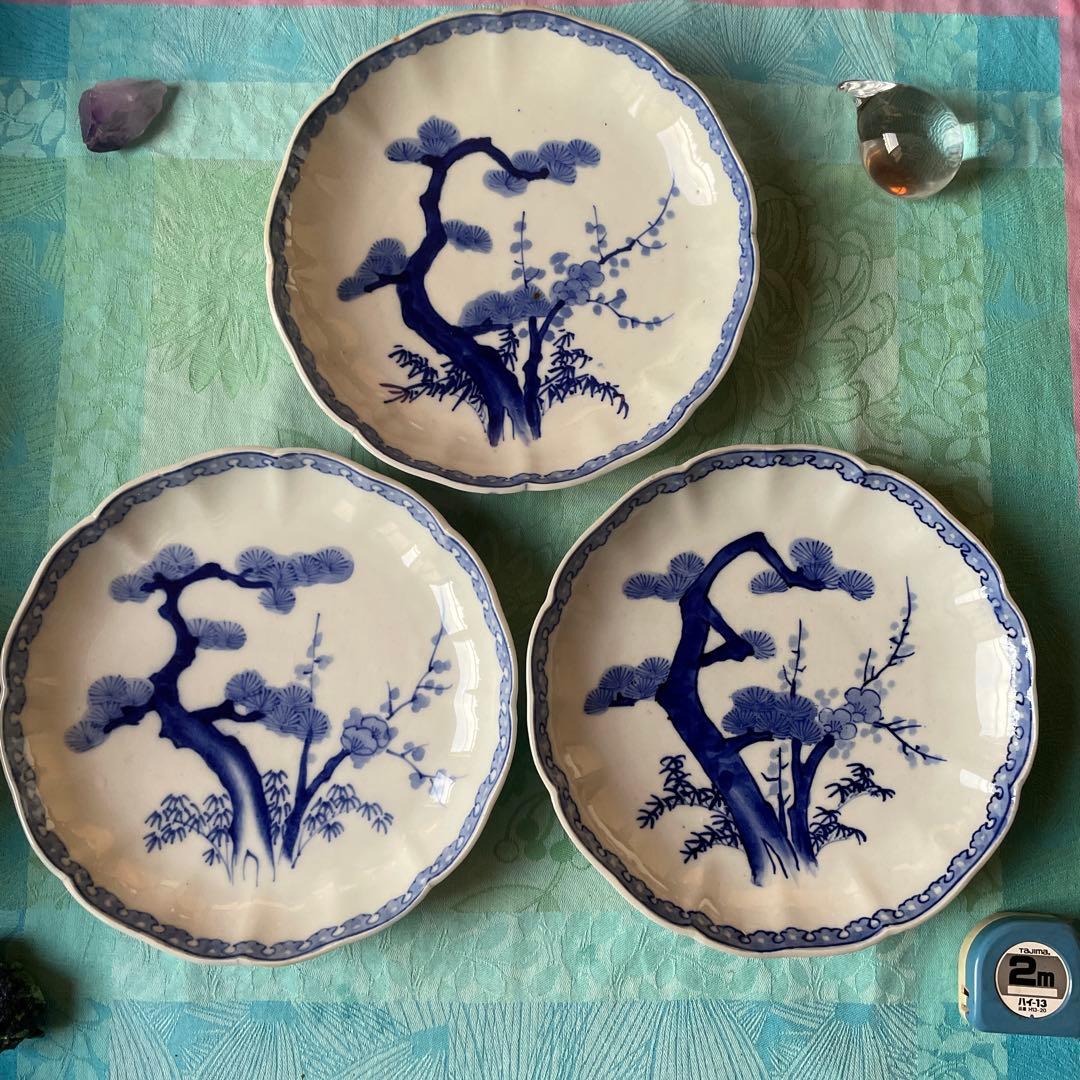 古伊万里 伊万里焼 吉祥文様 染付 7寸皿 3客 輪花金